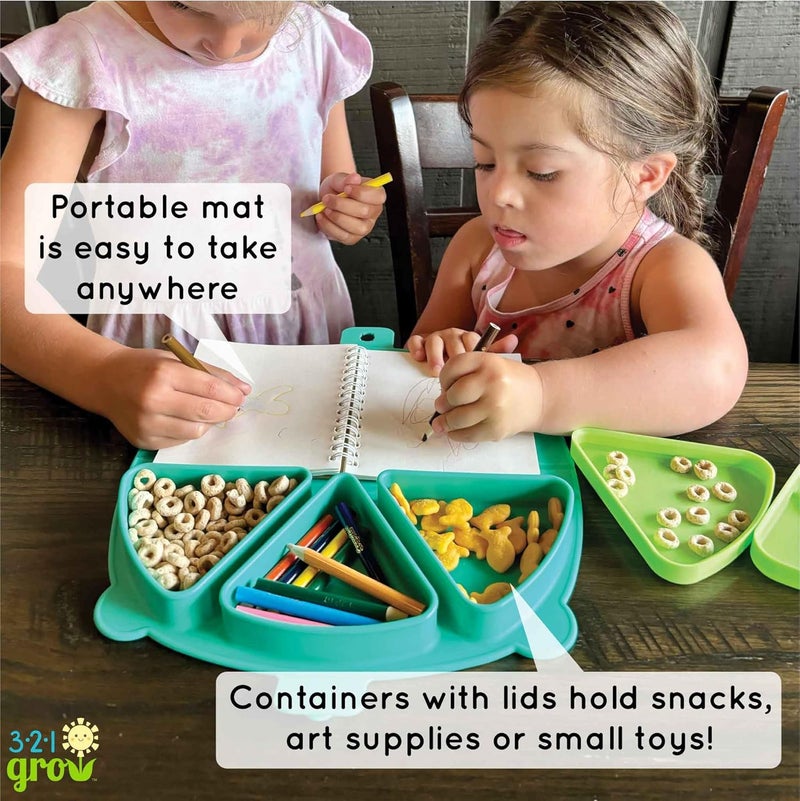 321 Grow Silicone On-The-Go Snack Mat – Foldable Reusable Placemat with 3 Compartments and Lids – Travel-Friendly Baby and Toddler Snack Plate – Dishwasher Safe (Aqua) - Image 4